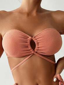 SHEIN Swim 女士镂空抹胸上衣和打结侧边三角裤比基尼套装音乐节夏季 - 咖啡棕 - 查看 3