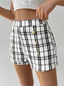 Chiquease Women's Plaid Double Breasted Shorts - Black and White - View 5