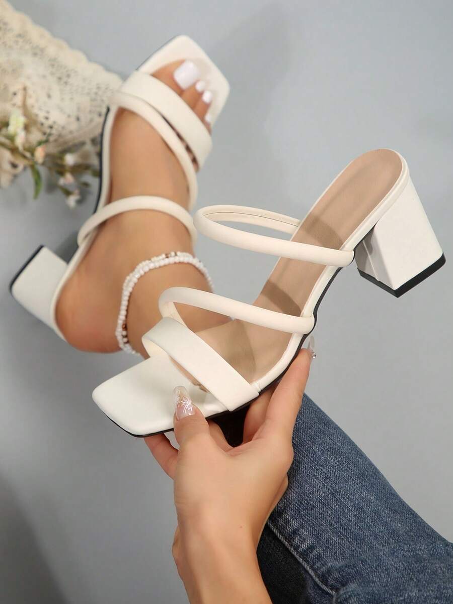 Spring/Summer White French High Heels Sandals, Minimalist Square Toe Design, Faux Leather, Suitable For Walking, Dating, Gatherings, Parties, Work