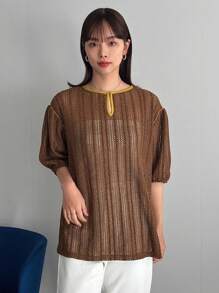 FRIFUL 棕色空心紋路泡泡袖t恤 - 棕色 - 查看 5