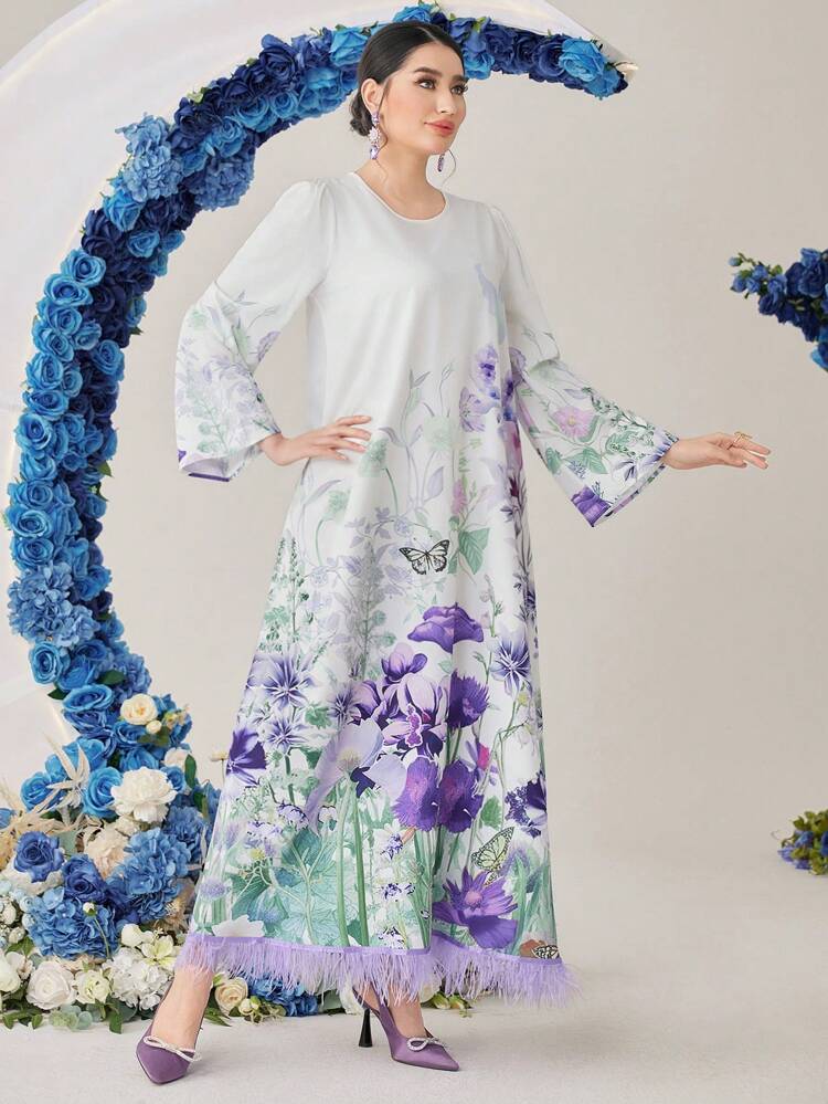Women's Floral Butterfly Print Flare Sleeve Arabic Jalabiya Dress