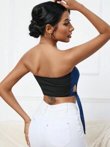 Aveloria Top Sin Tirantes De Mezclilla Para Mujer Con Flecos - Azul lavado medio - Ver 2