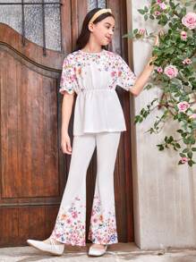 SHEIN Tween Girl Round Neck Back Button Droplets Batwing Short Sleeve Shirt & Flared Pants Set With Fruit Pattern And Matching Mommy And Me Outfits (Two Sets Sold Separately) - White - View 3