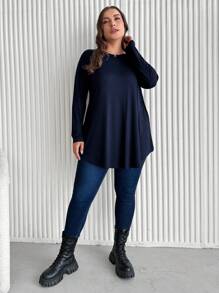 SHEIN Cottnline Plus Size Solid Color Arc Hem T-Shirt - Navy Blue - View 2