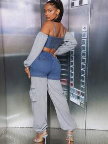 Denimoi 混合媒材貨運束腳褲 - 中等水洗藍 - 查看 2