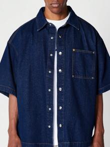SUMWON Oversized Fit Short Sleeve Denim Shirt With Front Pocket - Blue - View 5