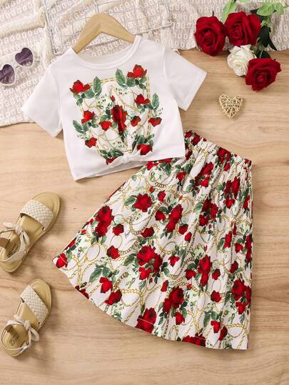 SHEIN 少女玫瑰链条印花两件套，夏季中长裙