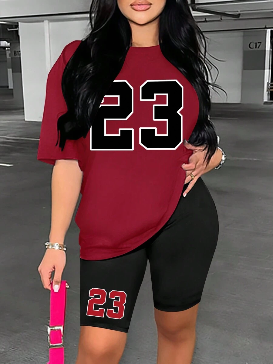 时尚百搭数码印花宽松袖T恤和骑行短裤套装，休闲夏季 - 酒紅色 - 查看 1