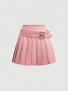 SHEIN MOD 女士純色休閒百褶裙 - 粉色 - 查看 1