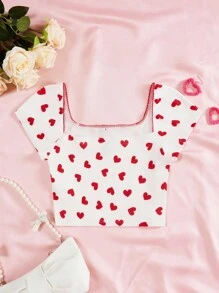 SHEIN EZwear 女款心形印花襪口短袖t卹 - 彩色 - 查看 2