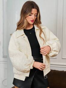 SHEIN Frenchy Women's Quilted Heart Pattern Loose Fit Casual Collared Padded Coat With Filling