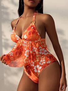 SHEIN Swim Women's Summer Beach Floral Print Halter V-Neck Halter Tankini Set Bathing Suit - Multicolor - View 3