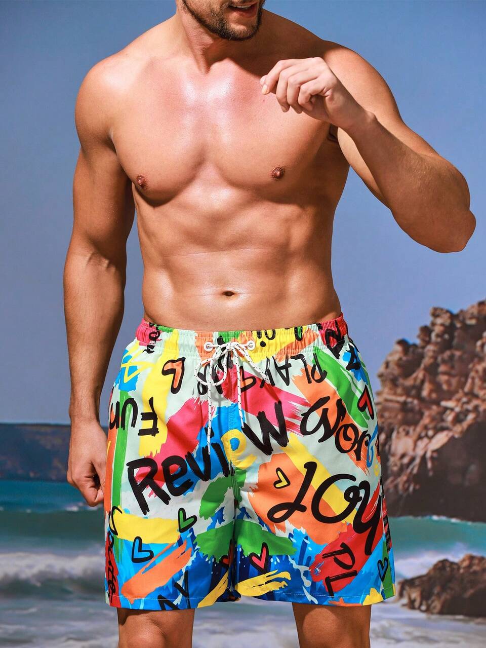 Men's Drawstring Brush Stroke & Letter Printed Beach Shorts