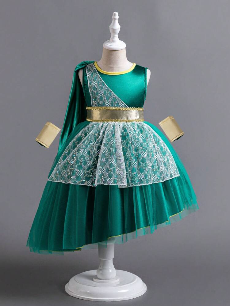 Young Girl Vintage Mesh Dress In Dark Green