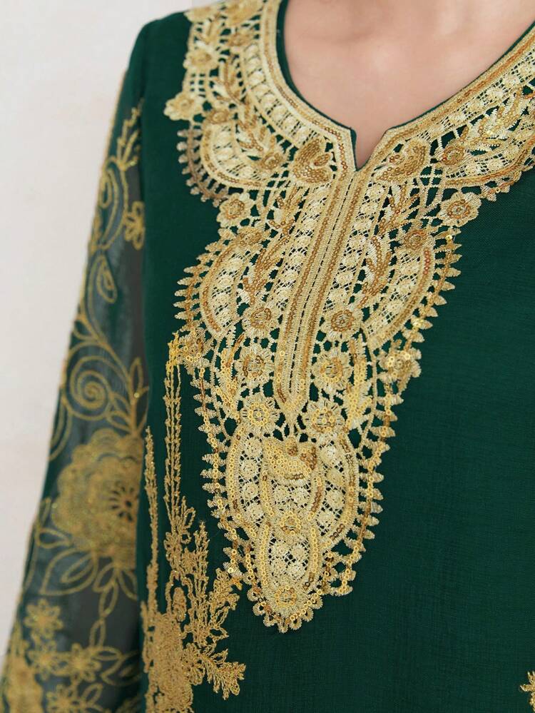 Women's Gold Embroidered Notched Neck Arabian Dress