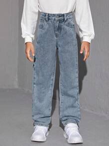 SHEIN Tween Girl Sun Face Printed Denim Jeans - Blue - View 4