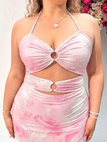 Dreamara 大尺碼女款休閒度假風格針織緊身掛脖連身裙