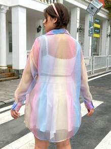 SHEIN MOD Women's Plus Size Gradient Color Sheer Shirt - Multicolor - View 2