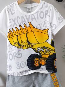 SHEIN Young Boys' Excavator & Letter Print T-Shirt And Shorts Two Pieces Set - Light Grey - View 5