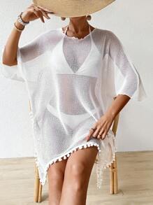 SHEIN Swim 1pc Pom-Pom Color Block Batwing Sleeve Cover-Up Dress Wedding Summer