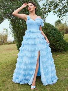 SHEIN Belle Women's 3d Floral Multi-Layer Ruffle Trim See-Through Mesh High Slit Cross-Back Strap Evening Dress - Blue - View 2