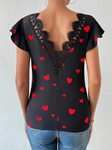 SHEIN Frenchy 女款拼布蕾絲心型印花襯衫 - 黑色 - 查看 4