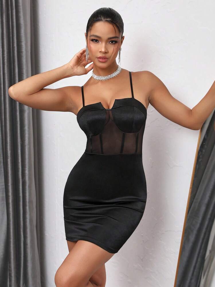 Women's Mesh Contrast Satin Dress