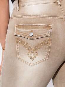 SHEIN Essnce 加大彈力高腰鑲鑽喇叭牛仔褲,卡其色 - 卡其色 - 查看 4