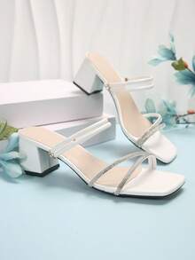 New Square Toe Thick Heel Sandals, Versatile High-End French Style Crystal Embellished High Heels For Commuting, Business And Daily Wear - White - View 7
