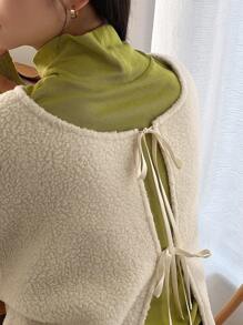 FRIFUL Ladies' Teddy Regular Fit Jacket With Knot Detail,Fall Women Clothes,Thermal Lined Women Coats