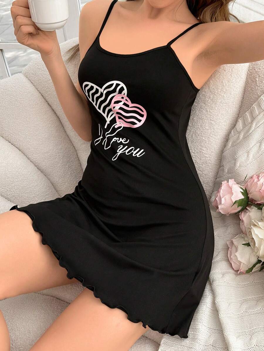 Color Block Letter & Heart Printed Cami Sleep Dress Pajama Dress