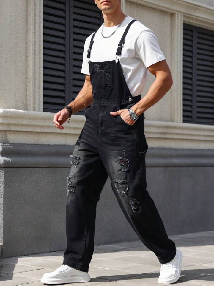 Manfinity Homme Men s Distressed Denim Overalls SHEIN