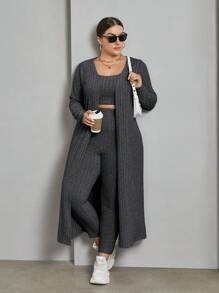 SHEIN Essnce Top Cây trồng , Eo cao Quần , Và Dài tay áo 3 miếng Bộ - Màu xám đen - Xem 1