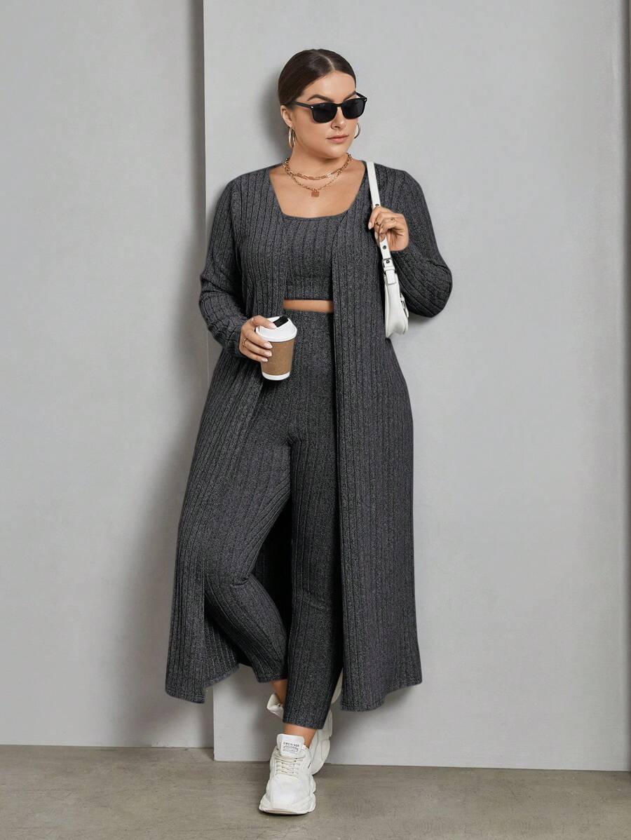 SHEIN Essnce Top Cây trồng , Eo cao Quần , Và Dài tay áo 3 miếng Bộ - Màu xám đen - Xem 1