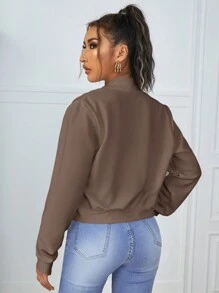 SHEIN Essnce 女式拉鍊前野球夾克 - 摩卡棕 - 查看 2