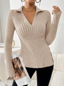 SHEIN Essnce 女士實色條紋分割式下擺長袖t卹 - 杏色 - 查看 3