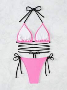 SHEIN Swim Color Block Bikini Set With Edging, Knotting Detail And Side Ties Summer - Multicolor - View 4