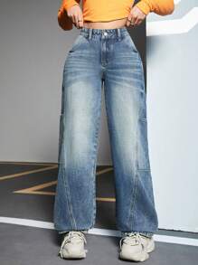 SHEIN EZwear 女式水洗直筒牛仔褲 - 深色水洗藍 - 查看 3