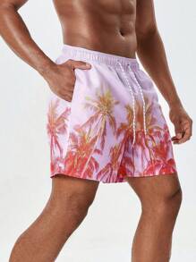 Surfspeed Men's Coconut Tree Printed Drawstring Waist Beach Shorts - Multicolor - View 1