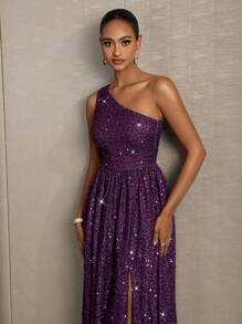 SHEIN Belle Sequined One Shoulder Ruched Slit Party Dress For Holiday Party Clothes - Purple - View 5