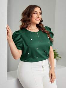 SHEIN Clasi Plus Size Beaded Detail Puff Short Sleeve Blouse - Dark Green - View 3