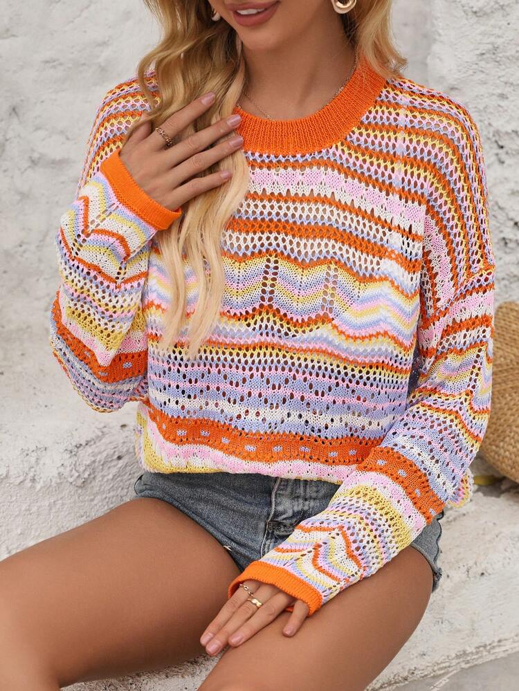 Women's Color Blocking Hollow Out Knitted Drop Shoulder Sweater Fall Winter