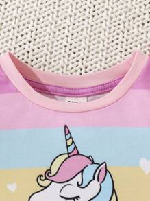 SHEIN Conjunto casual para bebé niña con patrón de unicornio, parte superior de manga corta a rayas y pantalones cortos de bloque de color - Multicolor - Ver 4