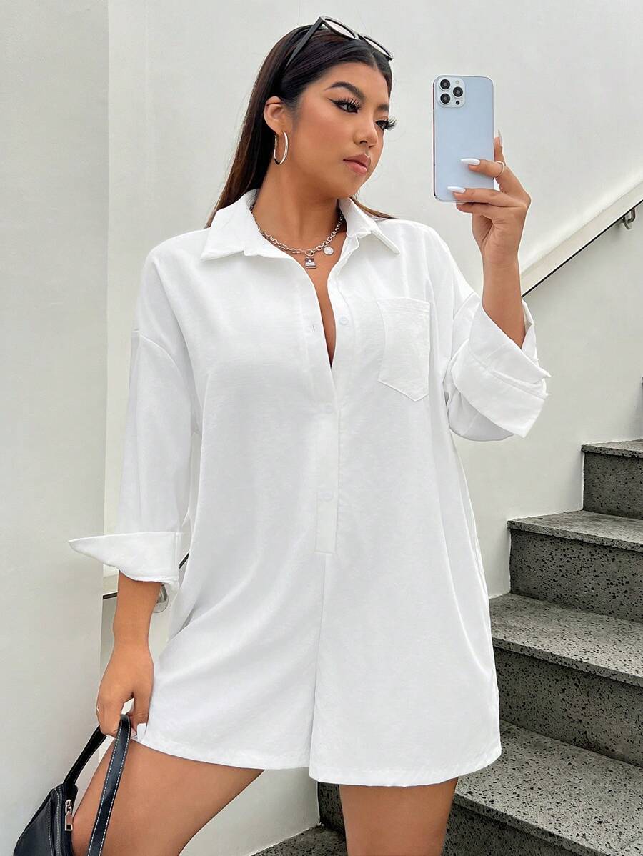 CovetEZ Combinaison pour femmes de grande taille avec poches et boutonnage avant - Blanc - Voir 1