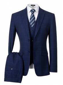 Furuyal 3pcs Men's Plaid Suit Set: Jacket, Vest, And Pants - Navy Blue - View 1