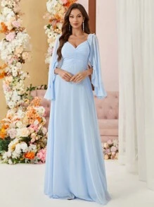 SHEIN Belle Adult Bridesmaid Dress With Layered Ruffle Trim, Ruched Bust And Umbrella Dress Design - Baby Blue - View 6