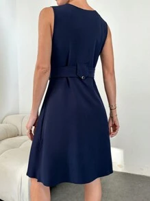 EURMUSE 女款無袖v領開衩連身裙 - 藏蓝色 - 查看 2