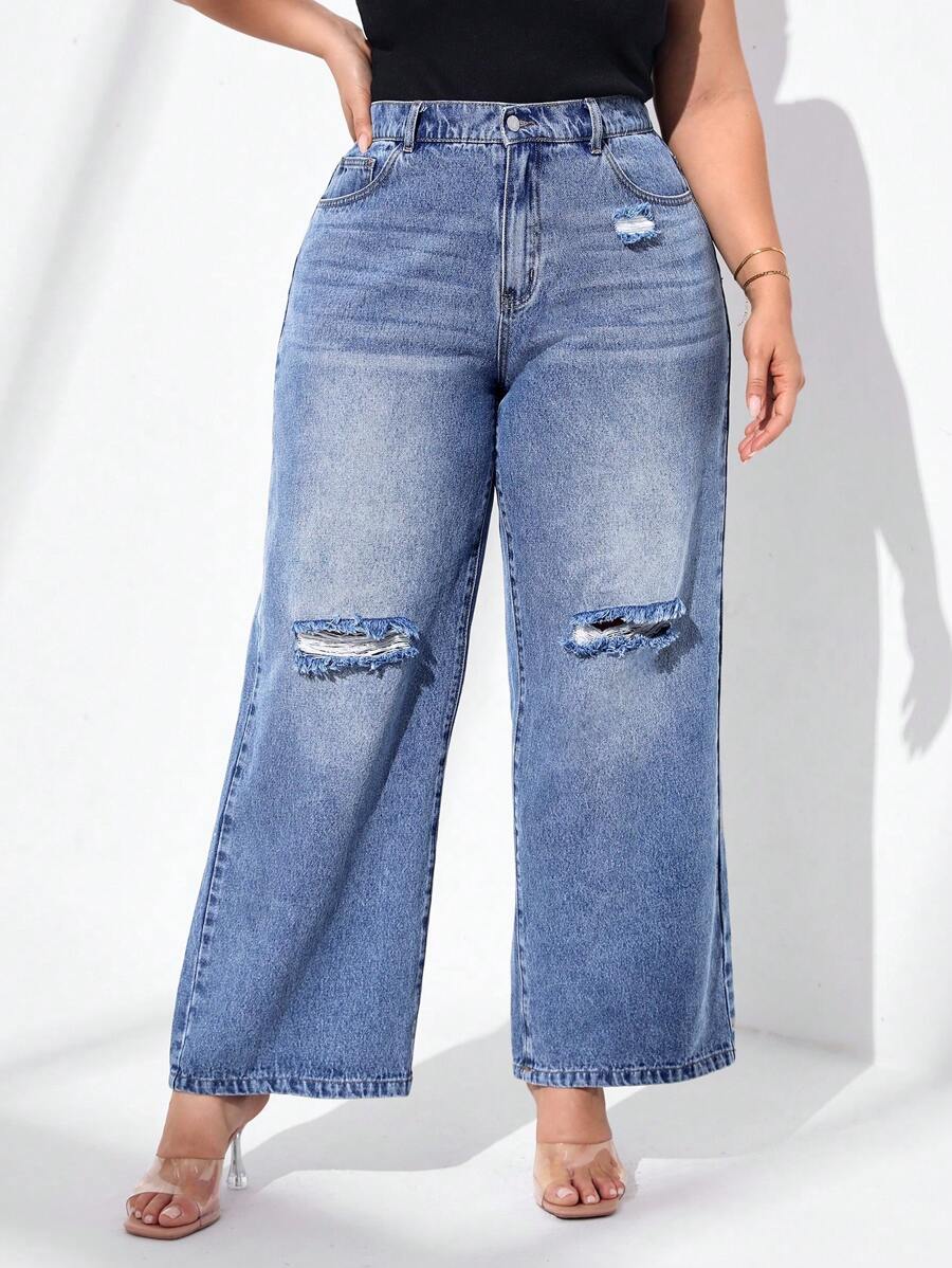 SHEIN Essnce Hơn Quần jean ống rộng rách - Rửa trung bình - Xem 1
