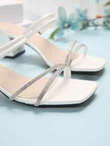 New Square Toe Thick Heel Sandals, Versatile High-End French Style Crystal Embellished High Heels For Commuting, Business And Daily Wear - White - View 8