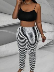 Calvaya Women's Plus Size Striped Pants - Black and White - View 1